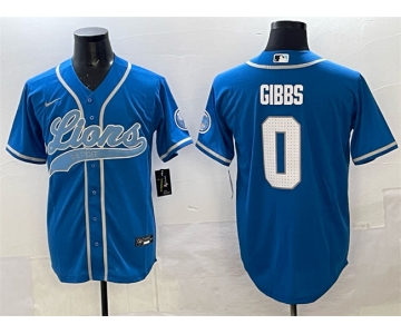 Men's Detroit Lions #0 Jahmyr Gibbs Blue Cool Base Stitched Baseball Jersey