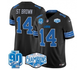 Men's Detroit Lions #14 Amon-Ra St. Brown Black 2024 NFC North Champions 90th Anniversary Patch F.U.S.E. Vapor Limited Stitched Jersey