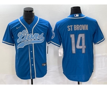 Men's Detroit Lions #14 Amon Ra St Brown Blue With Patch Cool Base Stitched Baseball Jersey