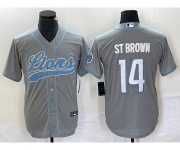 Men's Detroit Lions #14 Amon Ra St Brown Grey With Patch Cool Base Stitched Baseball Jersey