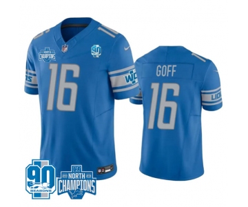 Men's Detroit Lions #16 Jared Goff Blue 2023 90th Anniversary North Division Champions Patch Limited Stitched Jersey