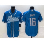 Men's Detroit Lions #16 Jared Goff Blue Cool Base Stitched Baseball Jersey