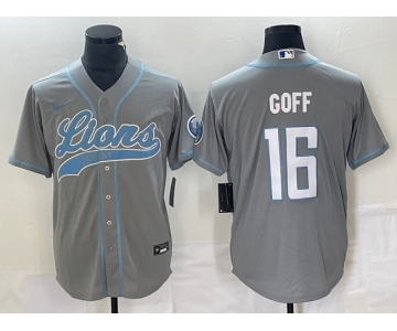 Men's Detroit Lions #16 Jared Goff Gray Cool Base Stitched Baseball Jersey