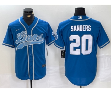 Men's Detroit Lions #20 Barry Sanders Blue With Patch Cool Base Stitched Baseball Jersey