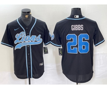 Men's Detroit Lions #26 Jahmyr Gibbs Black With Patch Cool Base Stitched Baseball Jersey