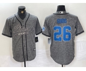 Men's Detroit Lions #26 Jahmyr Gibbs Grey Gridiron With Patch Cool Base Stitched Baseball Jersey