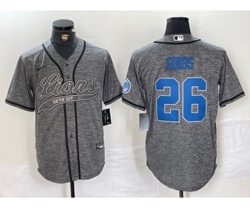 Men's Detroit Lions #26 Jahmyr Gibbs Grey Gridiron With Patch Cool Base Stitched Baseball Jersey
