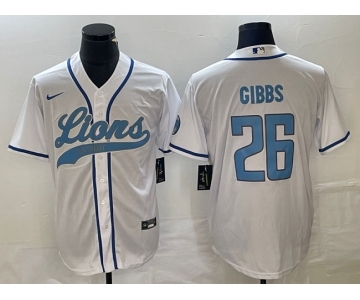 Men's Detroit Lions #26 Jahmyr Gibbs White Cool Base Stitched Baseball Jersey