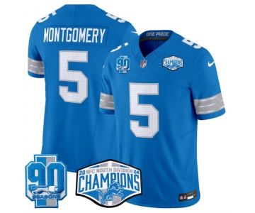 Men's Detroit Lions #5 David Montgomery Blue 2024 NFC North Champions 90th Anniversary Patch F.U.S.E. Vapor Limited Stitched Jersey