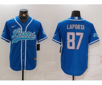 Men's Detroit Lions #87 Sam LaPorta Blue Cool Base Stitched Baseball Jersey