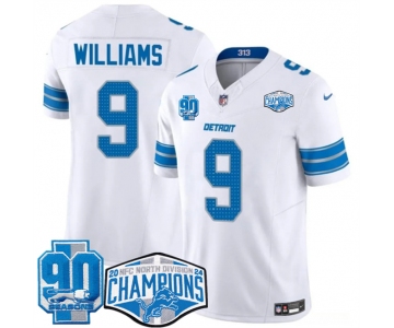 Men's Detroit Lions #9 Jameson Williams White 2024 NFC North Champions 90th Anniversary Patch F.U.S.E. Vapor Limited Stitched Jersey