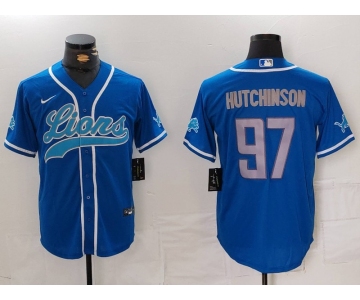 Men's Detroit Lions #97 Aidan Hutchinson Blue Cool Base Stitched Baseball Jersey