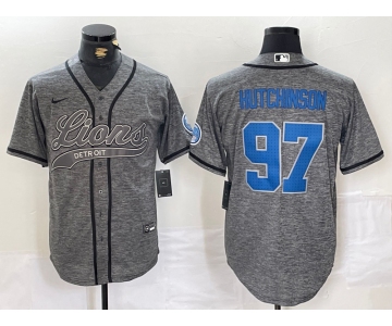 Men's Detroit Lions #97 Aidan Hutchinson Grey Gridiron With Patch Cool Base Stitched Baseball Jersey