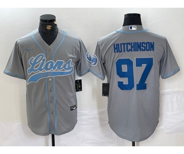 Men's Detroit Lions #97 Aidan Hutchinson Grey With Patch Cool Base Stitched Baseball Jersey