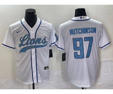 Men's Detroit Lions #97 Aidan Hutchinson White With Patch Cool Base Stitched Baseball Jersey