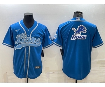 Men's Detroit Lions Blue Team Big Logo With Patch Cool Base Stitched Baseball Jersey