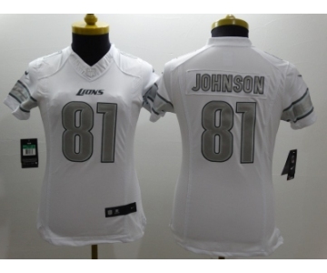 Nike Women Detroit Lions #81 Calvin Johnson Platinum White Jerseys