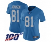 Women's Detroit Lions #81 Calvin Johnson Blue Alternate Vapor Untouchable Limited Player 100th Season Football Jersey
