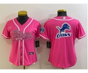 Women's Detroit Lions Pink Team Big Logo With Patch Cool Base Stitched Baseball Jersey