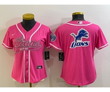 Women's Detroit Lions Pink Team Big Logo With Patch Cool Base Stitched Baseball Jersey