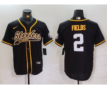 Men's Pittsburgh Steelers #2 Justin Fields Black With Patch Cool Base Stitched Baseball Jersey