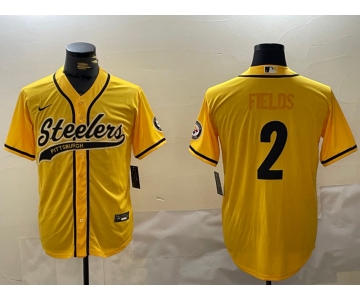 Men's Pittsburgh Steelers #2 Justin Fields Yellow With Patch Cool Base Stitched Baseball Jersey