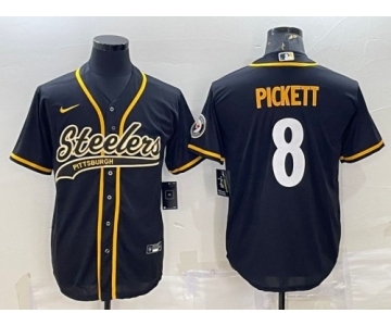 Men's Pittsburgh Steelers #8 Kenny Pickett Black With Patch Cool Base Stitched Baseball Jersey