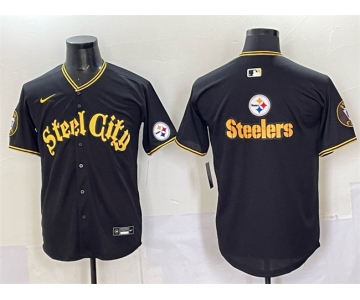 Men's Pittsburgh Steelers Team Big Logo Black 412 Patch Vapor Premier Limited Stitched Baseball Jersey