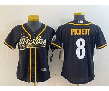 Women's Pittsburgh Steelers #8 Kenny Pickett Black With Patch Cool Base Stitched Baseball Jersey