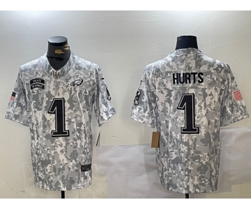 Men's Philadelphia Eagles #1 Jalen Hurts 2024 Arctic Camo Salute To Service Limited Stitched Football Jersey