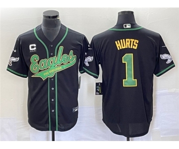 Men's Philadelphia Eagles #1 Jalen Hurts Black With C Patch Cool Base Stitched Baseball Jersey