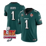 Men's Philadelphia Eagles #1 Jalen Hurts Green 2025 Eagles Logo Super Bowl LIX Patch With 4-Star C Patch New F.U.S.E. Vapor Untouchable Limited Football St
