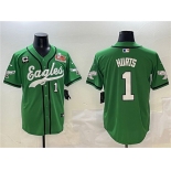 Men's Philadelphia Eagles #1 Jalen Hurts Green 2025 Super Bowl LIX And 3-Star C Patch Stitched Baseball Jersey