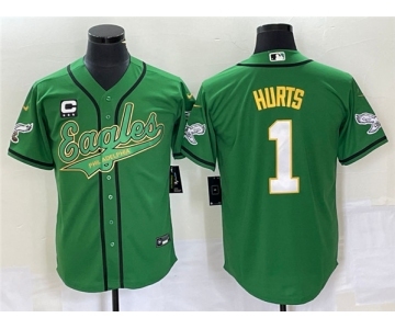 Men's Philadelphia Eagles #1 Jalen Hurts Green With C Patch Cool Base Stitched Baseball Jersey