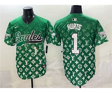 Men's Philadelphia Eagles #1 Jalen Hurts Green With Patch Limited Stitched Baseball Jersey