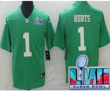 Men's Philadelphia Eagles #1 Jalen Hurts Limited Green Rush Super Bowl LVII Vapor Jersey