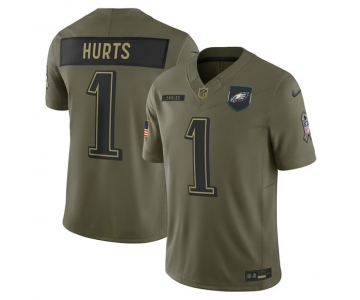 Men's Philadelphia Eagles #1 Jalen Hurts Olive 2025 Salute to Service Limited Football Stitched Jersey