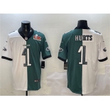 Men's Philadelphia Eagles #1 Jalen Hurts White & Green Split 2025 Super Bowl LIX Patch Vapor Untouchable Limited Football Stitched Jersey