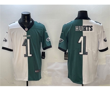 Men's Philadelphia Eagles #1 Jalen Hurts White & Green Split Vapor Untouchable Limited Football Stitched Jersey