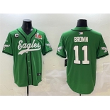 Men's Philadelphia Eagles #11 A.J. Brown Green 2025 Super Bowl LIX And 3-Star C Patch Stitched Baseball Jersey