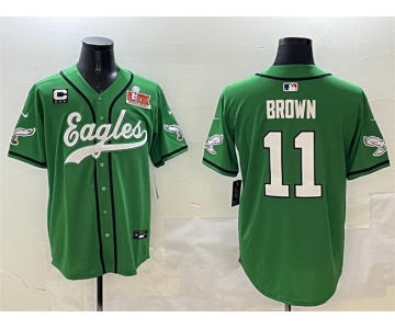 Men's Philadelphia Eagles #11 A.J. Brown Green 2025 Super Bowl LIX And 3-Star C Patch Stitched Baseball Jersey