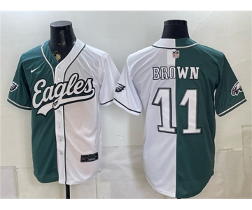 Men's Philadelphia Eagles #11 A.J. Brown Green White Split Stitched Jersey