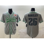 Men's Philadelphia Eagles #26 Saquon Barkley Gray 2025 Super Bowl LIX Patch Cool Base Stitched Baseball Jersey
