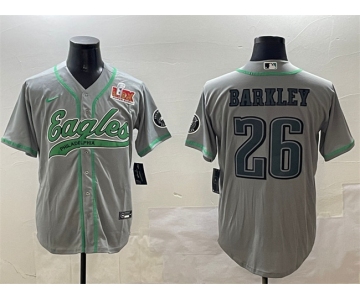 Men's Philadelphia Eagles #26 Saquon Barkley Gray 2025 Super Bowl LIX Patch Cool Base Stitched Baseball Jersey