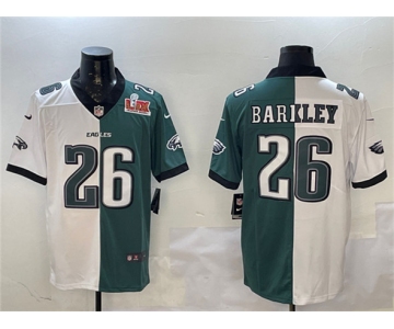 Men's Philadelphia Eagles #26 Saquon Barkley White & Green Split 2025 Super Bowl LIX Patch Vapor Untouchable Limited Football Stitched Jersey