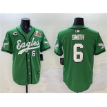 Men's Philadelphia Eagles #6 DeVonta Smith Green 2025 Super Bowl LIX And 3-Star C Patch Stitched Baseball Jersey