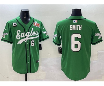 Men's Philadelphia Eagles #6 DeVonta Smith Green 2025 Super Bowl LIX And 3-Star C Patch Stitched Baseball Jersey