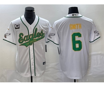 Men's Philadelphia Eagles #6 DeVonta Smith White Gold With C Patch Cool Base Stitched Baseball Jersey