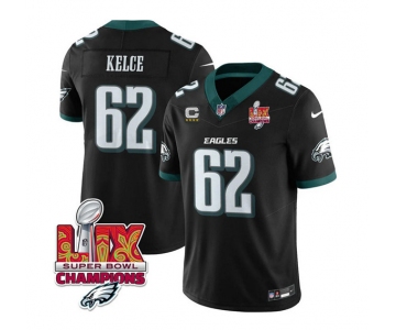 Men's Philadelphia Eagles #62 Jason Kelce Black 2025 Eagles Logo Super Bowl LIX Patch And 4-Star C Patch New F.U.S.E. Vapor Limited Football Stitched Jerse
