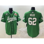 Men's Philadelphia Eagles #62 Jason Kelce Green 2025 Super Bowl LIX And 3-Star C Patch Stitched Baseball Jersey